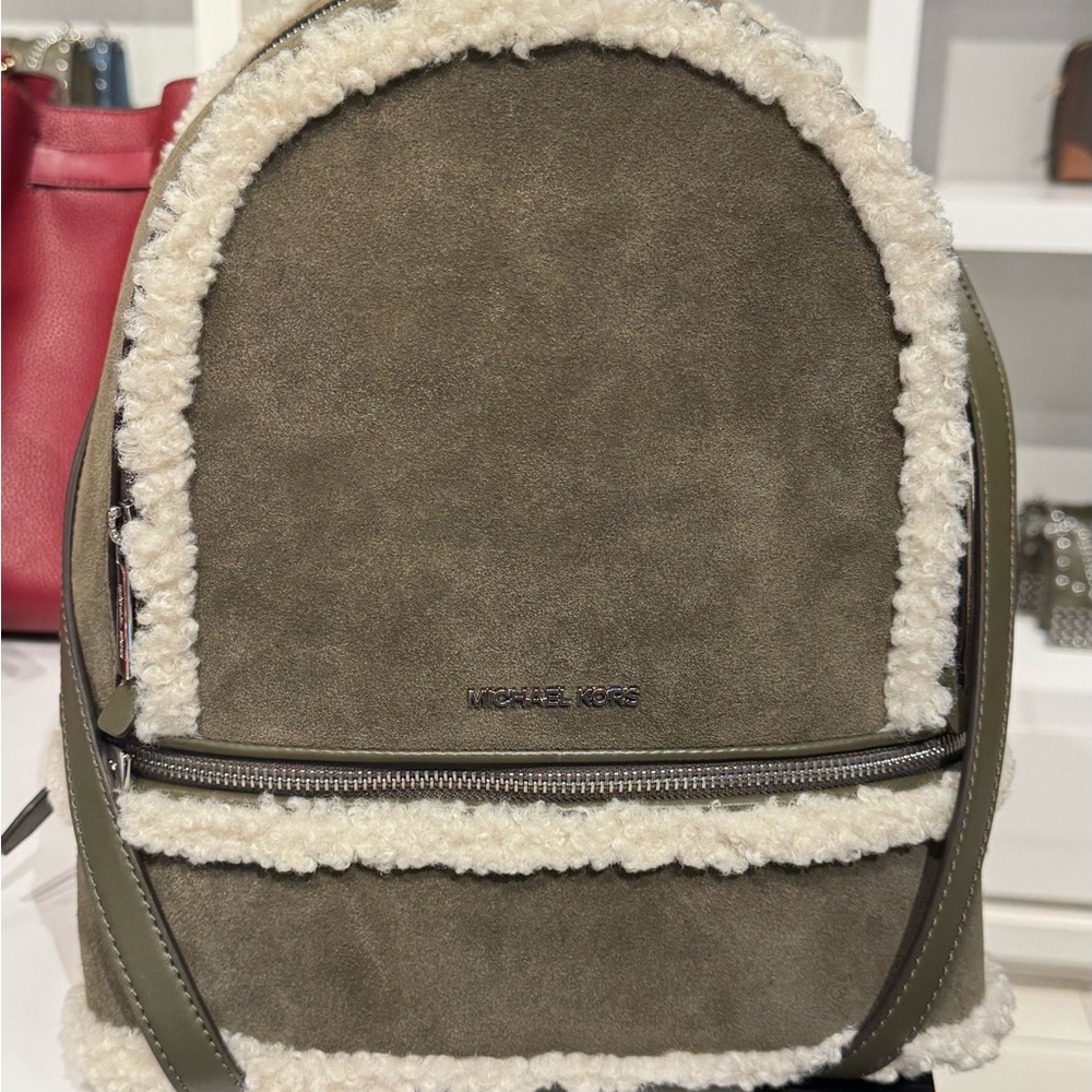 Michael Kors Khaki Backpack with Shearling Accents